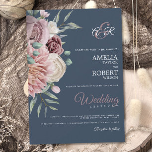Invitation Elégant Royal bleu Dusty Rose Floral