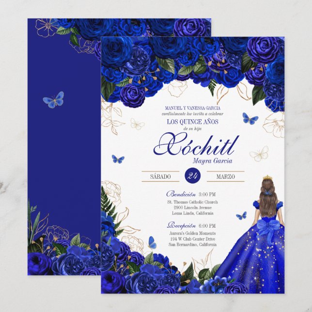 Invitation Elégant Royal Bleu Rose papillon Quinceañera Inv (Devant / Derrière)
