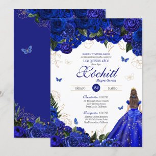 Invitation Elégant Royal Bleu Rose papillon Quinceañera Inv