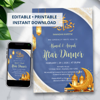 Invitation Elegant Royal Blue and Gold Islamic Iftar Dinner
