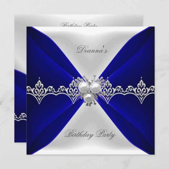 Invitation Elégant Royal Blue Bijou d'anniversaire Blanc Soie (Devant / Derrière)