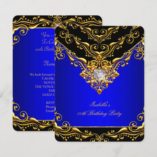 Invitation Elégant Royal Blue Black sur Gold Anniversaire Par (Devant / Derrière)