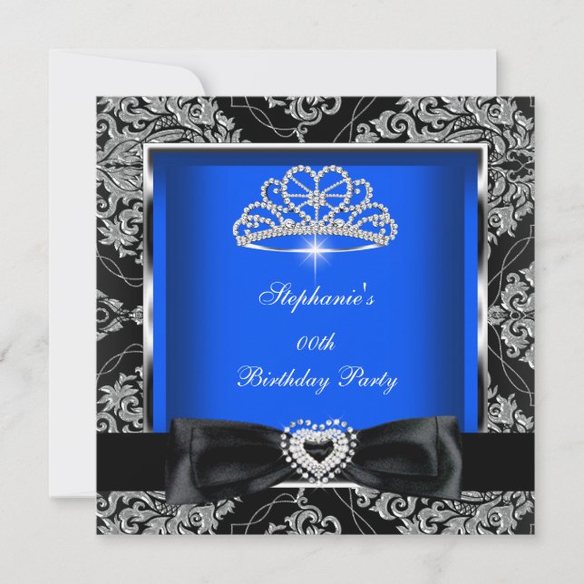 Invitation Elégant Royal Blue Damask Silver Black Party (Devant)