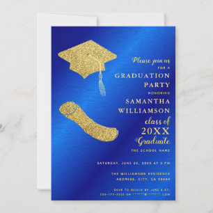 Invitation Élégant Royal Blue et Gold Graduation