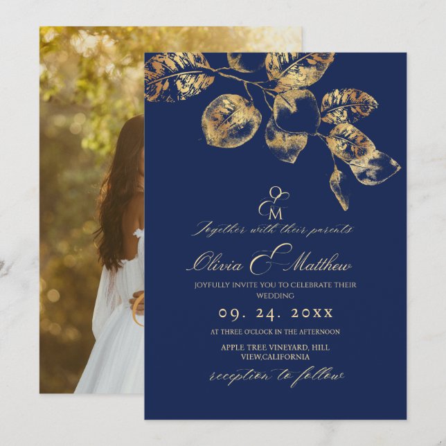 Invitation Elégant Royal Blue et Gold Leafs Mariage (Devant / Derrière)
