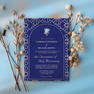 Invitation Elégant Royal Blue Floral Nuptial Mass Mariage