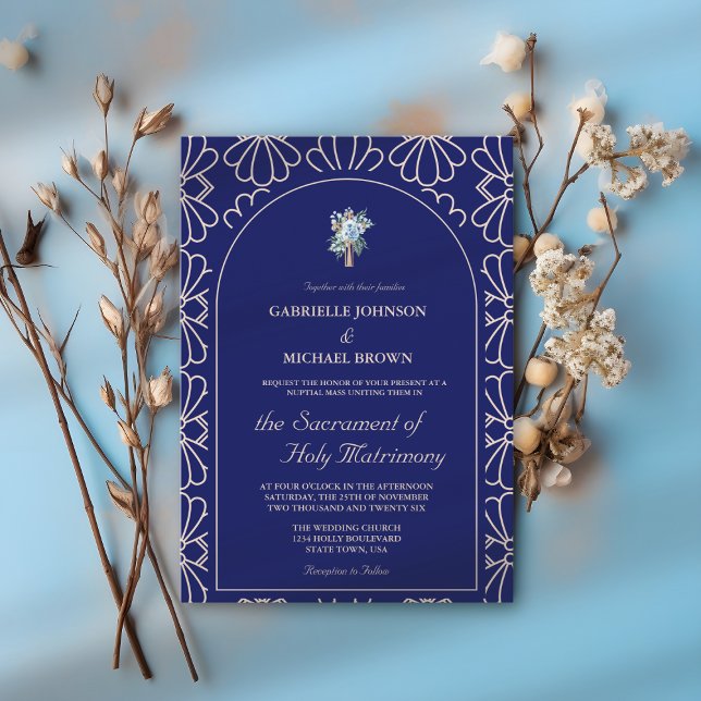 Invitation Elégant Royal Blue Floral Nuptial Mass Mariage (Créateur téléchargé)
