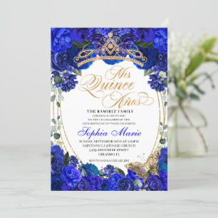 Invitation Elégant Royal Blue Floral Quinceanera Anniversaire
