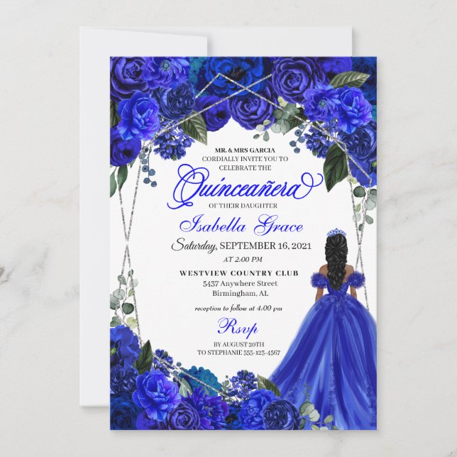 Invitation Elégant Royal Blue Floral Quinceanera Anniversaire (Devant)
