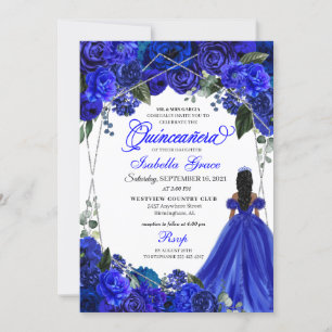Invitation Elégant Royal Blue Floral Quinceanera Anniversaire