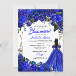 Invitation Elégant Royal Blue Floral Quinceanera Anniversaire