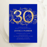 Invitation Elégant Royal Blue Gold 30e anniversaire<br><div class="desc">Elégante invitation à la fête du 30e anniversaire d'or bleu royal. Design féminin moderne et personnalisable avec des accents botaniques rose et de l'or de parties scintillant faux. Carte invitation florale simple parfaite pour une célébration anniversaire élégante. Personnalisez avec vos propres détails. Invitations Zazzle imprimées ou téléchargement instantané modèle imprimable...</div>