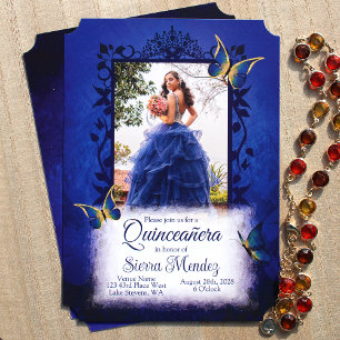 Invitation Élégant Royal Blue & Gold Butterflies Quinceanera