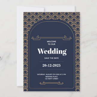 Invitation Élégant Royal Blue Gold Lace QR Code Mariage