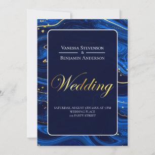 Invitation Élégant Royal Blue Gold Lace QR Code Mariage