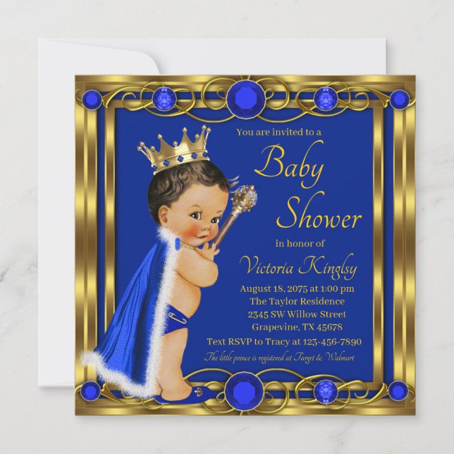 Invitation Elégant Royal Blue Gold Prince Jewel Baby shower (Devant)