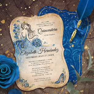Invitation Elégant Royal Blue Gold Princess Quince Anniversai