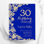 Invitation Elégant Royal Blue Gold Roses 30e anniversaire<br><div class="desc">Royal Blue Gold Floral 30th Birthday Party Invitation. Design élégant avec des roses,  fausse feuille d'or et police de script de typographie. Carte invitation tendance parfaite pour une célébration anniversaire élégante. Peut être customisé à n'importe quel âge. Invitations Zazzle imprimées ou téléchargement instantané modèle imprimable numérique.</div>