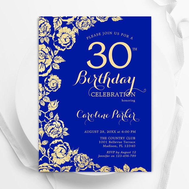 Invitation Elégant Royal Blue Gold Roses 30e anniversaire (Créateur téléchargé)