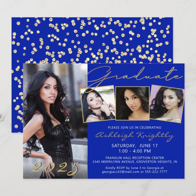 Invitation Élégant Royal Blue Gold Script 4 Photo Gradué (Devant / Derrière)