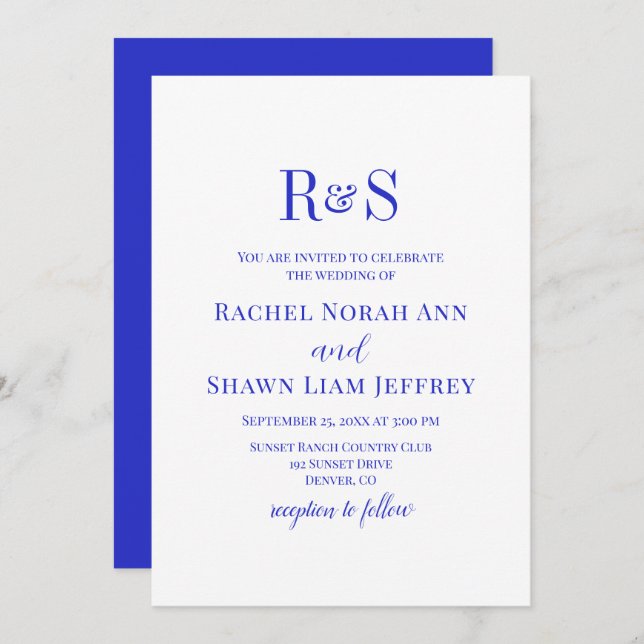 Invitation Elégant Royal Blue Moderne Monogramme Mariage (Devant / Derrière)