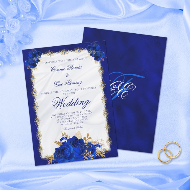 Invitation Élégant Royal Blue Monogram Rose Mariage officiel (Créateur téléchargé)