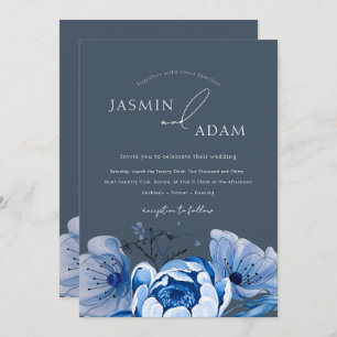 Invitation Élégant Royal Blue Opulence Floral Rose Mariage