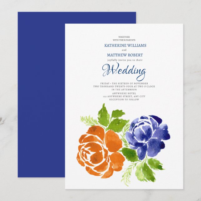 Invitation Elégant Royal Blue Orange Floral Mariage été (Devant / Derrière)