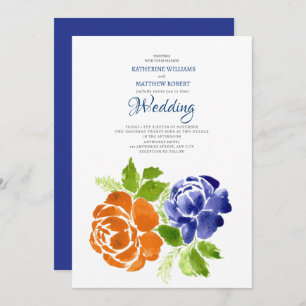 Invitation Elégant Royal Blue Orange Floral Mariage été