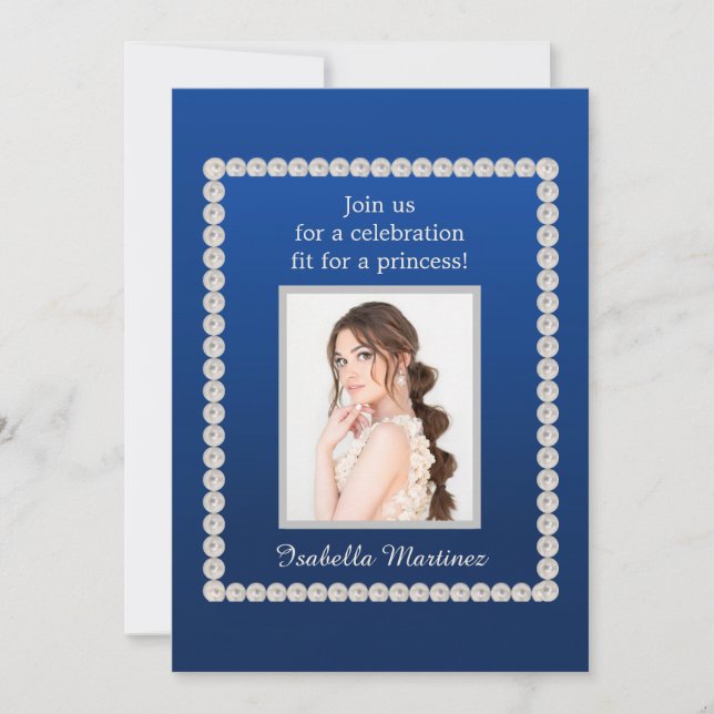 Invitation Elégant Royal Blue Quinceañera Photo Pearls (Devant)