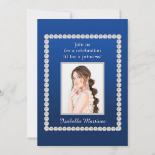 Invitation Elégant Royal Blue Quinceañera Photo Pearls