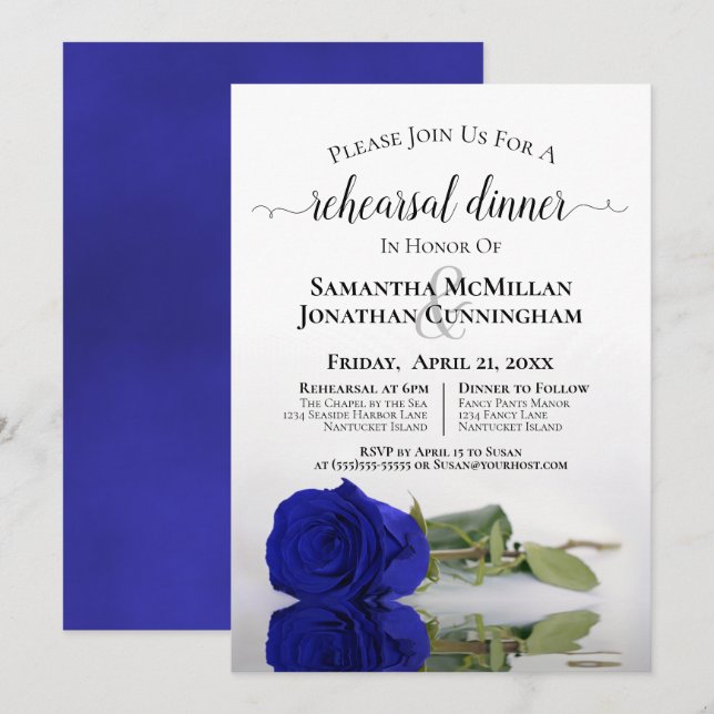 Invitation Élégant Royal Blue Rose Dîner de répétition Mariag (Devant / Derrière)