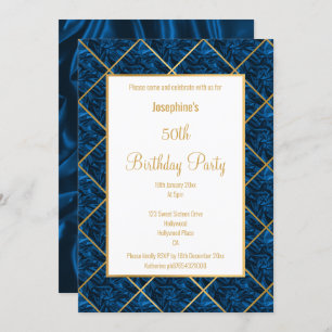 INVITATION ÉLÉGANT ROYAL BLUE SATIN GOLD ANNIVERSAIRE INVITAT