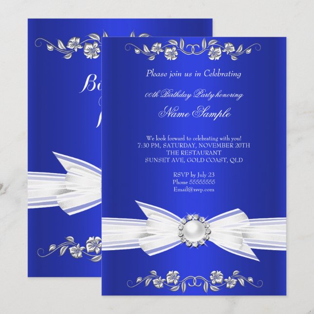 Invitation Elégant Royal Blue White Pearl Jewel Bow Anniversa (Devant / Derrière)