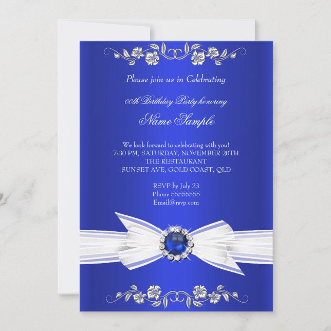 Invitation Elégant Royal Blue White Pearl Jewel Bow Anniversa (Devant)