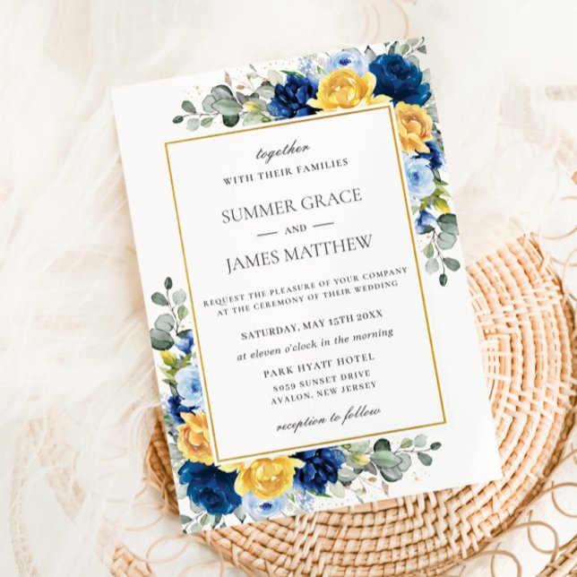 Invitation Elégant Royal Dusty bleu jaune Mariage floral (Créateur téléchargé)