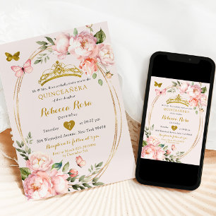 Invitation Elégant Royal Light Rose Gold Butterfly Mis Quince