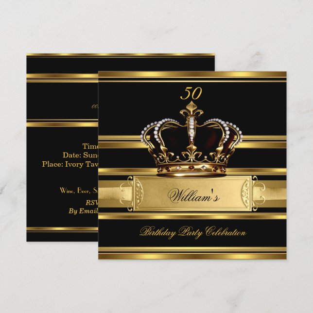 Invitation Elégant Royal Noir Or Anniversaire Prince Roi 2a (Devant / Derrière)