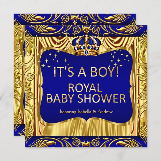 Invitation Elégant Royal Prince Baby shower Blue Gold Invitat (Devant / Derrière)