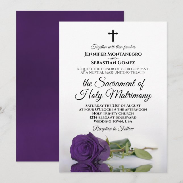 Invitation Élégant Royal violet Rose moderne catholique Maria (Devant / Derrière)
