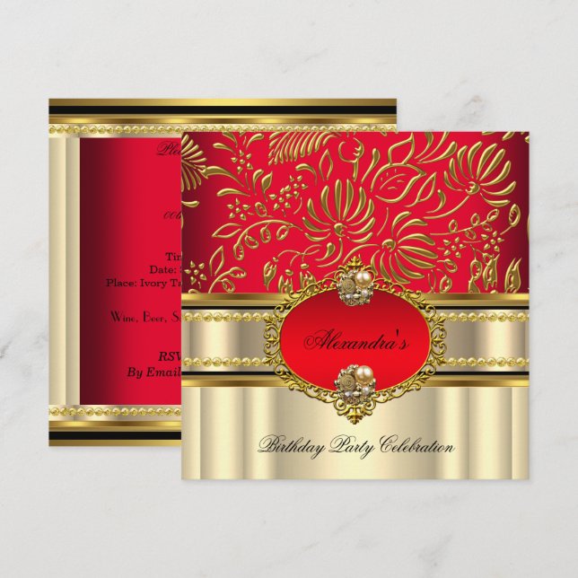 Invitation Elégant Royale Rouge Crème Or Damassé Anniversaire (Devant / Derrière)