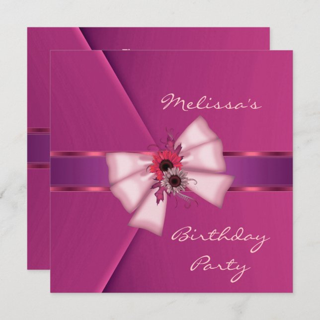 Invitation Élégant Ruban Floral en Velours Rose 2 (Devant / Derrière)