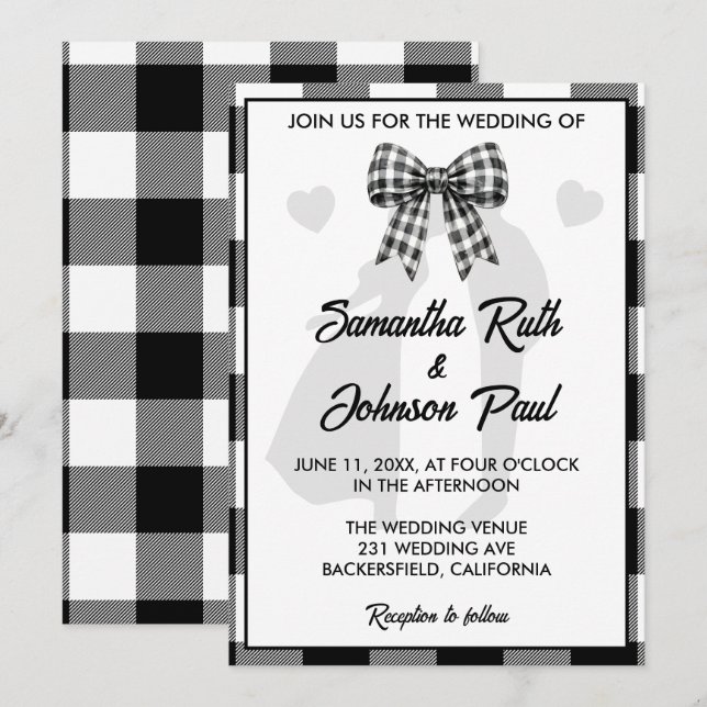 Invitation Élégant Ruban Gingham Noir et Blanc pour Mariage (Devant / Derrière)
