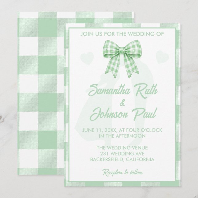 Invitation Élégant Ruban Gingham Vert Sauge pour Mariage (Devant / Derrière)