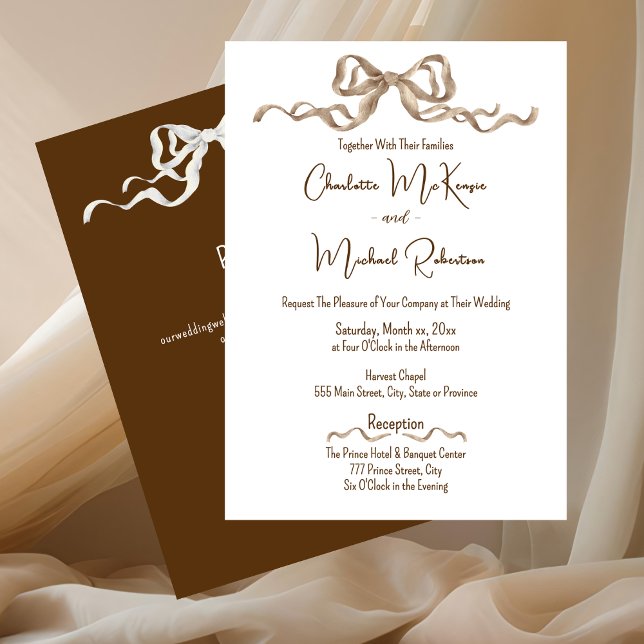 Invitation Élégant Ruban Romantique Mariage (Elegant Warm Brown with Bows Wedding Invitation)