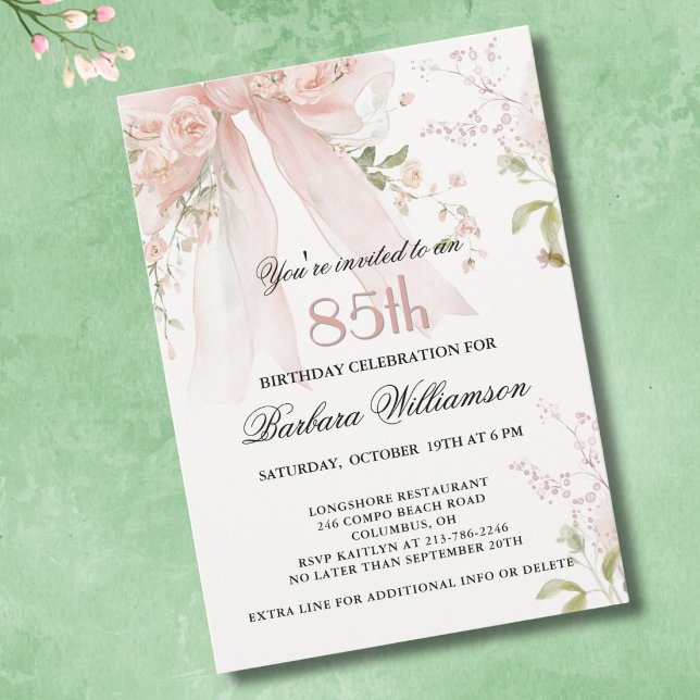 Invitation Elégant Ruban Rose Aquarelle Floral 85e Anniversai (Créateur téléchargé)