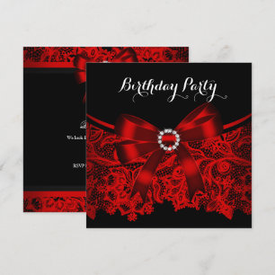 Invitation Elegant Ruban Rouge Dentelle Noire Fête d'annivers