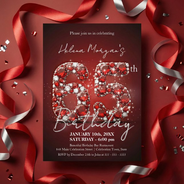 Invitation Élégant Rubis Rouge et Argent Pierrerie 65e Annive (Créateur téléchargé)