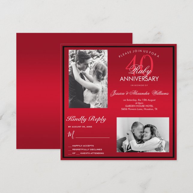 Invitation Elégant Ruby 40e anniversaire Mariage Double photo (Devant / Derrière)