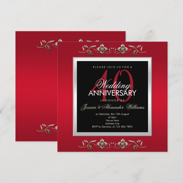 Invitation Elégant Ruby Jewels 40e anniversaire de Mariage (Devant / Derrière)
